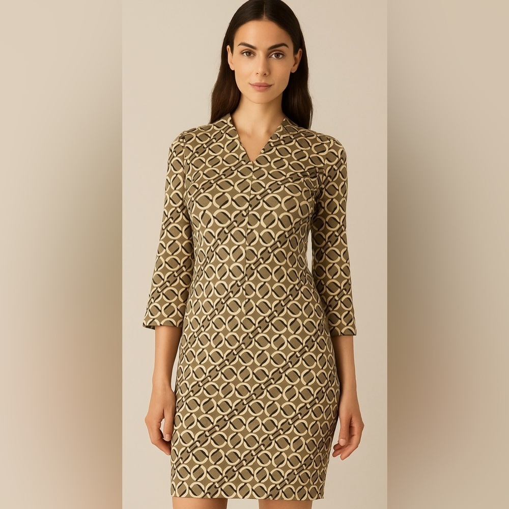 J. McLaughlin Catalina Cloth Carly Midi Dress Gold Geometric Print Chic Medium